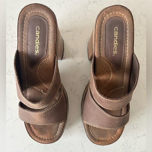 Vintage Y2K Candie’s Leather Platform Chunky Wooden Heel Sandals - Picture 13 of 13